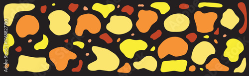 A vibrant design of abstract shapes in warm yellow and orange tones on a black background in a 90s style.