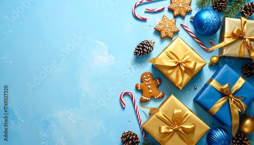 Christmas Flat Lay with Blue and Gold Gifts - Festive Background with Copy Space - Holiday Composition - AI Generative