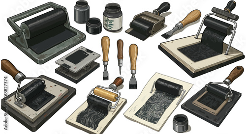 linocut tools woodblock printing equipment for carving a design a hobby for crafting art printing with rollers on a surface illustrations