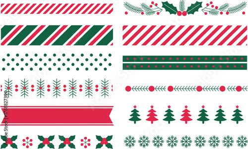 Christmas borders and festive patterns in red and green