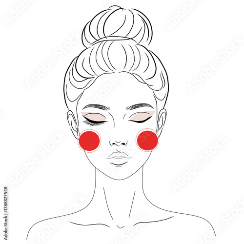 Elegant Woman Portrait Vector Illustration with Hair Bun and Red Cheeks in Minimalist Style