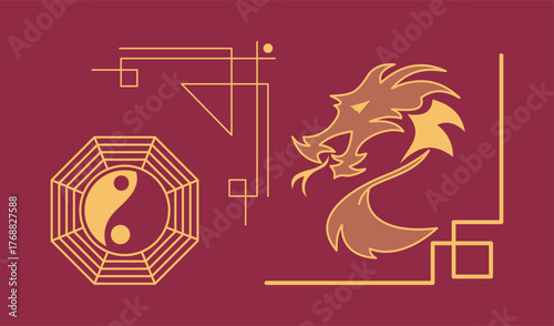 Abstract yin yang symbol with geometric lines and a stylized dragon head drawn in golden tones on a red background. Concept of balance and Eastern mythology. Vector illustration
