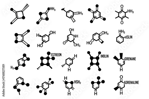 Chemical structures and molecular diagrams illustrating various compounds and hormones in a grid layout