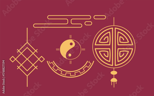 Stylized traditional Chinese cultural symbols including yin yang and geometric patterns in gold lines on a red background. Concept of harmony and tradition. Vector illustration