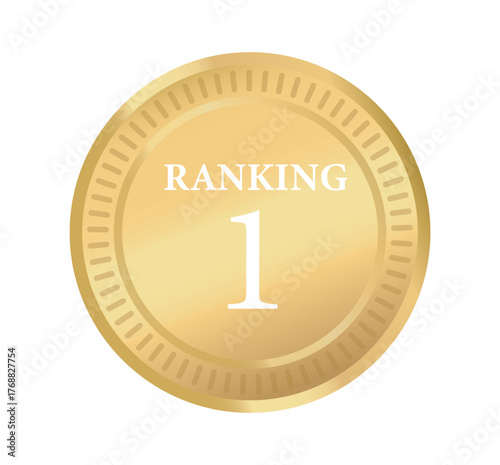 Shiny gold medal with Ranking 1 text displayed in the center, flat design style, isolated on white background. Concept of achievement, award, or victory. Vector illustration