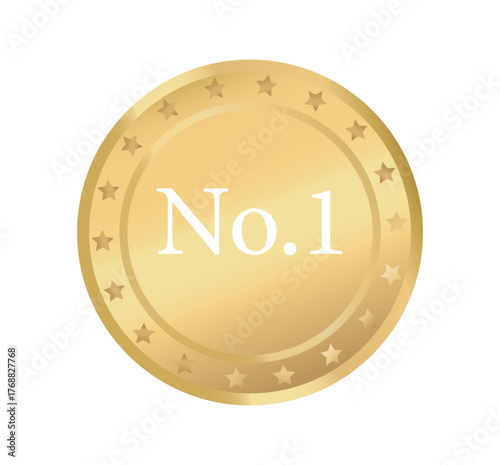 Gold medal with No. 1 text in center, surrounded by stars on glossy surface, flat graphic style, isolated on white background. Concept of winning and achievement. Vector illustration