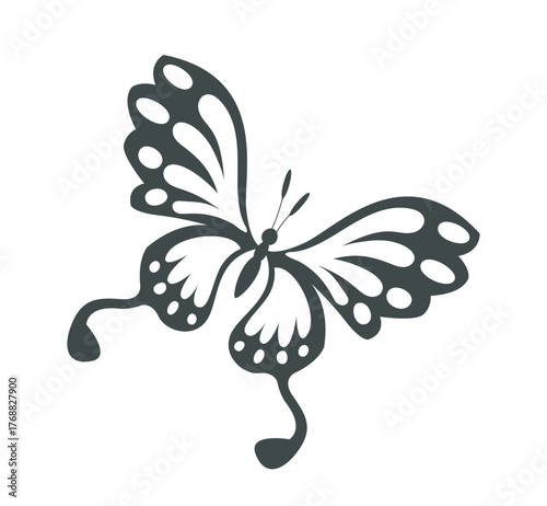 Graceful black butterfly with stylized wings and antennae in a symmetrical artistic style on a plain white background. Concept of beauty and transformation. Vector illustration