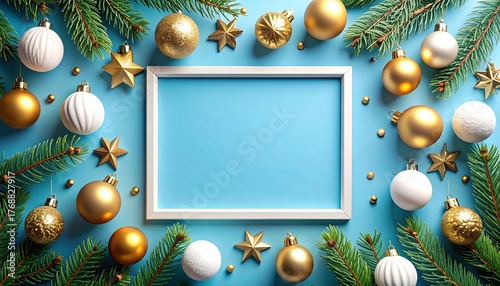 Christmas Frame Mockup - Blue Background with Gold and White Ornaments - Holiday Template with Copy Space - AI Generative