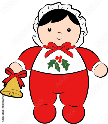 Adorable cartoon illustration of a baby doll dressed in a red Christmas outfit, white bonnet, and red bow, holding a golden bell. Perfect for Christmas-themed projects