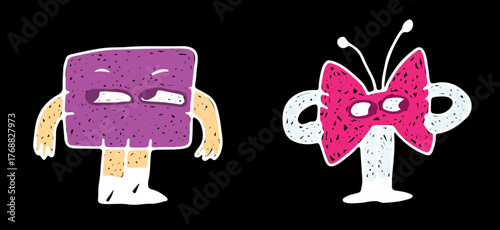 Creative vector logo templates with accompanying graphic elements for branding and advertising. Colored drawn with white curved lines in grunge style. Brightly drawing. Black background
