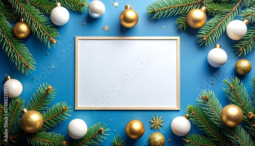 Festive Christmas Border - Fir Branches and Ornaments on Blue Background - Elegant Layout with Copy Space - AI Generative