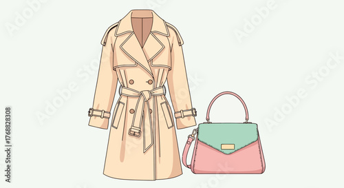 A beige trench coat stands next to a pastel pink  green handbag on a white background