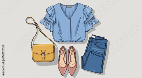 A blue blouse yellow purse pink shoes and blue jeans are arranged on a flat light grey surface