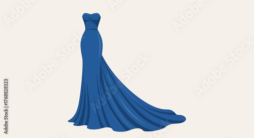 A blue strapless gown with a fitted bodice and a long flowing train on a plain background