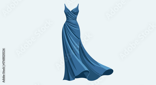 A blue gown with a draped design cascades across a light background