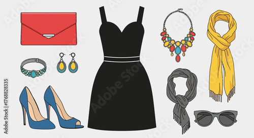 A cartoon ensemble shows a black dress with accessories clutch shoes jewelry scarves and sunglasses