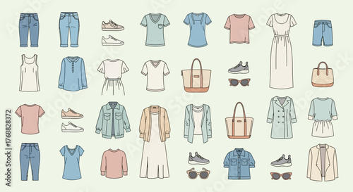 A collection of fashion clothing  accessories is arranged in a grid pattern