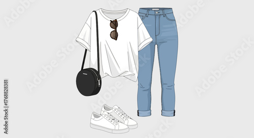 A casual outfit white Tshirt jeans white sneakers black purse and sunglasses on a light gray background