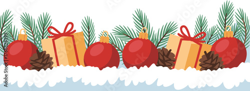 Christmas ornaments pine cones and gifts under pine branches