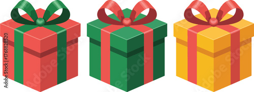 Colorful gift box icon set with red green and yellow presents featuring ribbons and bows