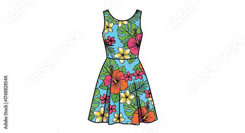 A dress patterned with tropical flowers and leaves featuring a fitted bodice and a flared skirt