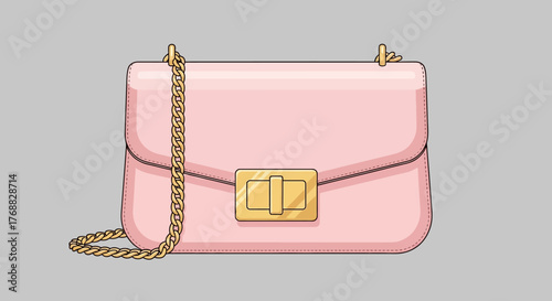 A light pink purse with gold chain strap and clasp set against a gray background