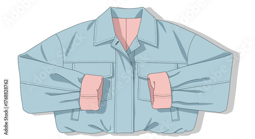 A lightblue jacket with pink cuffs and inner collar showcasing a laidout garment with defined seams and soft shadows