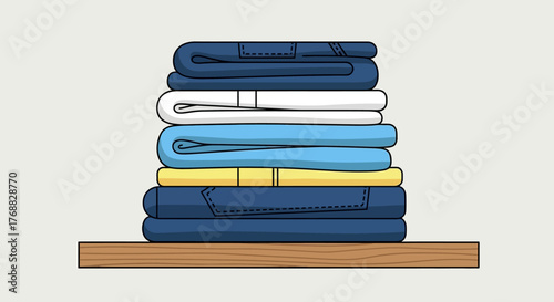 A neat stack of colorful folded laundry rests on a wooden shelf against a plain background