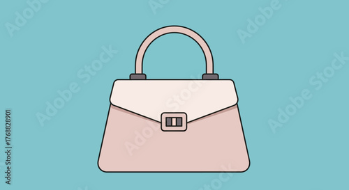 A pink purse with a light pink flap  handle is set against a light blue background