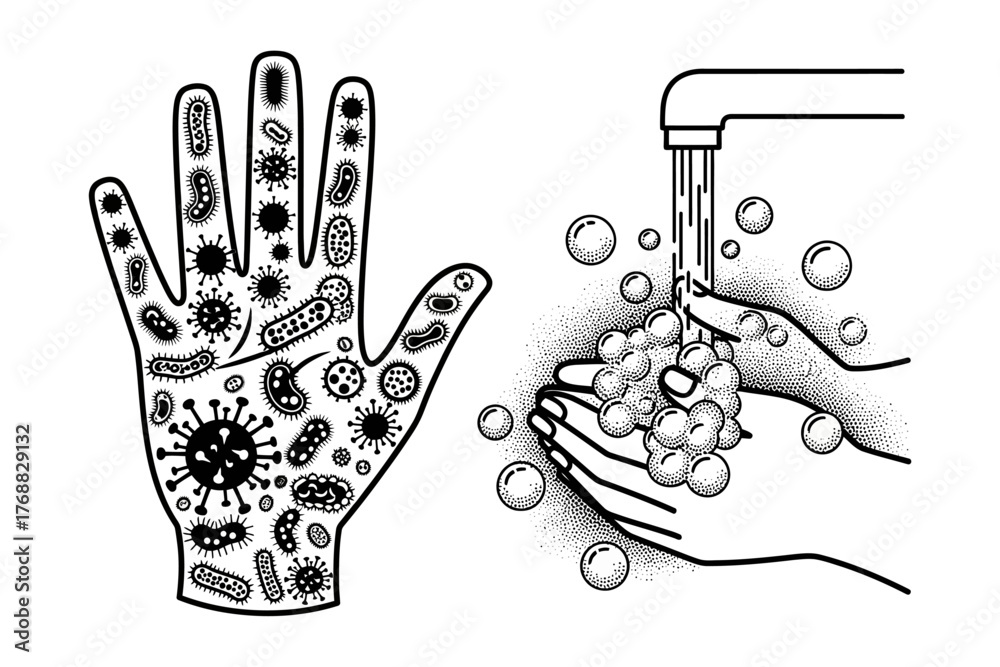 Fototapeta premium Illustration of a hand covered in germs and another washing hands under running water with soap bubbles
