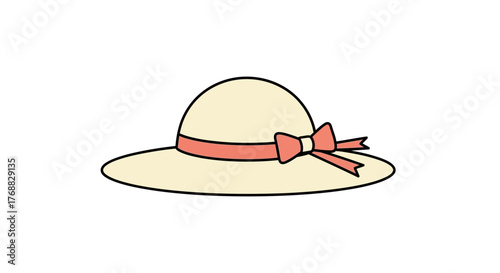 A tan sunhat complete with a pink ribbon tied into a bow