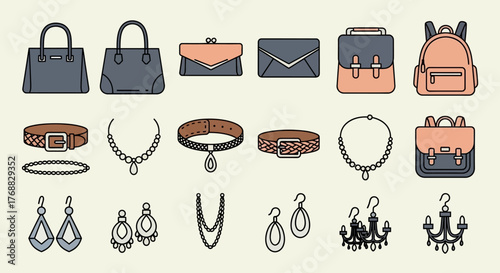 Accessories purses belts necklaces  earrings are arranged in four rows against a cream background