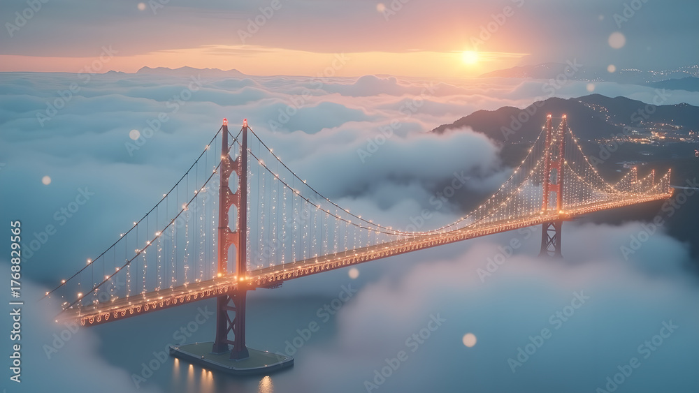 Fototapeta premium Golden bridge at sunrise enveloped by a layer of soft clouds offering a view of illuminated