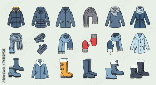 Array of winter garments jackets scarves gloves and boots on a neutral background line art style