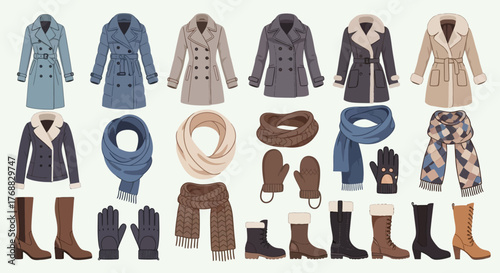 Array of winter wear coats scarves boots and gloves against a white backdrop