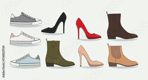 Assorted footwear sneakers pumps and ankle boots in varied colors neatly arranged in two rows on a plain background