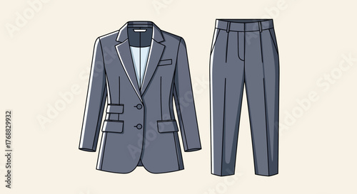 Business suit illustration gray blazer with flap pockets  gray trousers with pleats against beige background