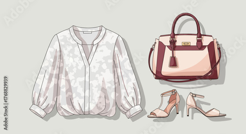 Blouse handbag and heels arranged on a grey surface