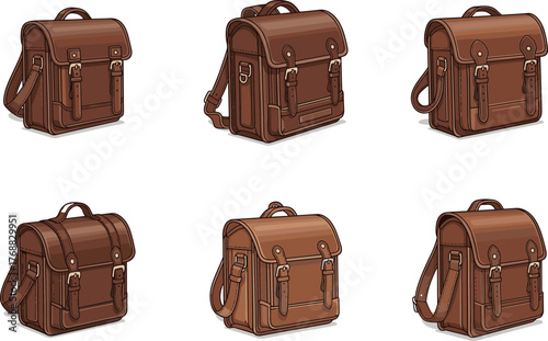 Brown leather satchel vector, messenger bag illustration, fashion accessory design, buckle closure, shoulder strap, isolated icon, stylish flat drawing