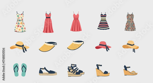 Clothes dresses sunhats visors flipflops and sandals