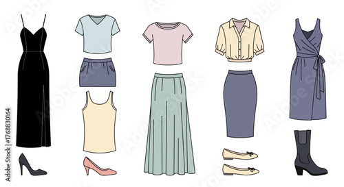 Clothing flat lays dresses skirts shirts shoes arranged for style inspiration fashion design concept