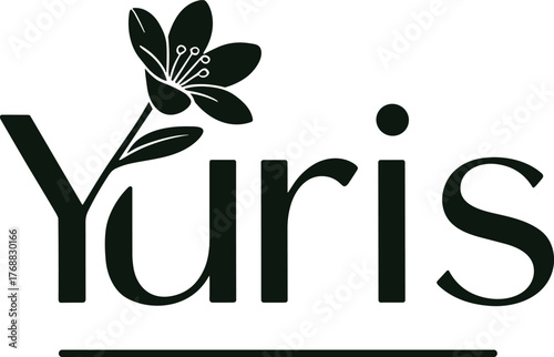 Elegant Yuris floral logo design, minimalist flower typography with natural leaves, modern branding illustration for organic business, beauty, eco lifestyle identity