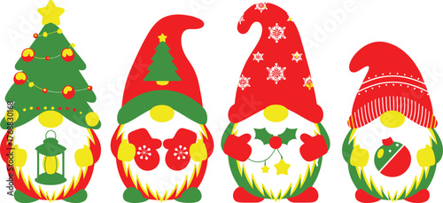 Four Christmas gnomes and decorated tree green