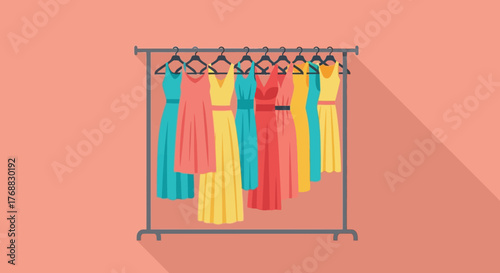 Clothing rack with dresses of assorted colors and styles