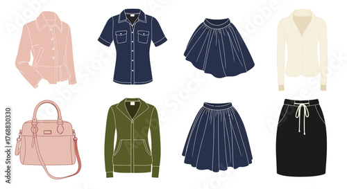 Stylized cartoon icons of dresses, skirts, pants, shoes, and hats are displayed in a grid layout on a white background