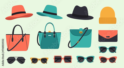 Hats purses sunglasses arrangement on light green background