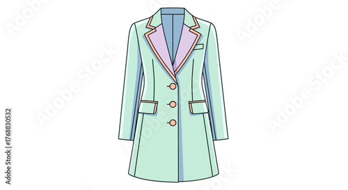 Illustration of a lightgreen overcoat with pink trim and buttons