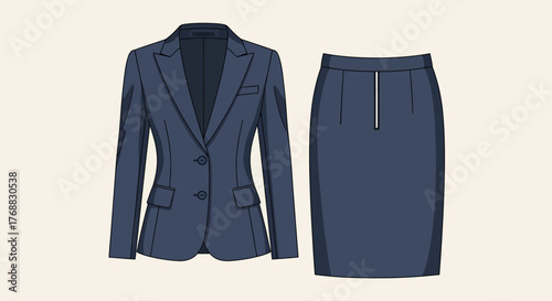 Illustration of a navy business suit consisting of a fitted blazer and a kneelength pencil skirt