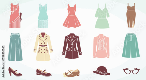Illustration of a pastel wardrobe featuring dresses skirts blouses jackets shoes a hat  glasses