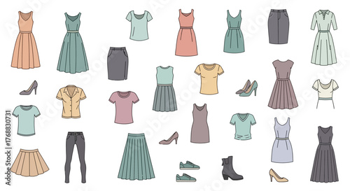 Outlined fashion illustrations dresses tops skirts pants shoes on a white background